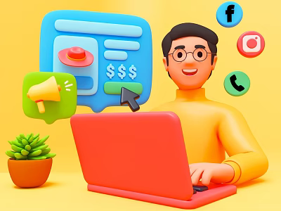 Man Using Laptop For Online Business Social Media 3d model