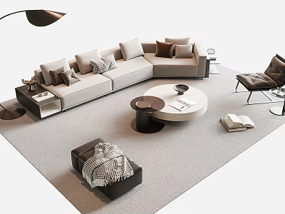 Modern Beige L Shaped Sofa With Round Coffee Table And Accent Chair 3d model