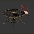 Metal Round Dining Table Set With Grid Patterned Tabletop Lattice Backrest Chair And White Cushion