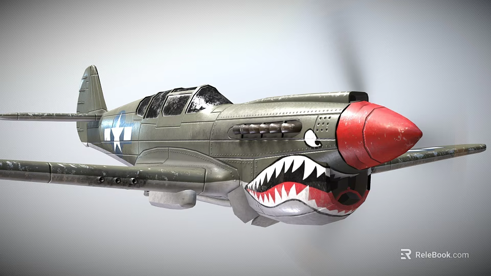 Vintage Airplane Showcasing Gray Green Fuselage Red Nose Shark Mouth Paint Star Emblem On Wings 3d model 