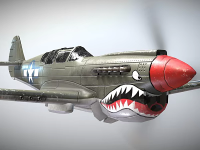 Vintage Airplane Showcasing Gray Green Fuselage Red Nose Shark Mouth Paint Star Emblem On Wings 3d model
