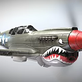 Vintage Airplane Showcasing Gray Green Fuselage Red Nose Shark Mouth Paint Star Emblem On Wings