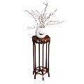 White Vase with Pink Flower Branches on Classic Brown Wooden Stand