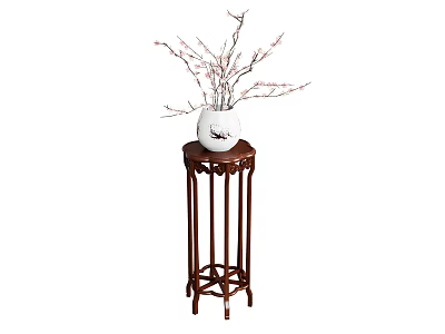 White Vase with Pink Flower Branches on Classic Brown Wooden Stand 3d model