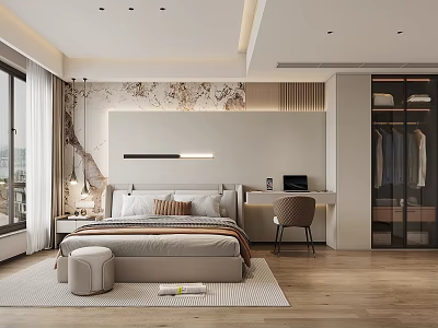 Modern Bedroom Interior Design With King Bed Marble Accent Wall And Floor to Ceiling Windows 3d model