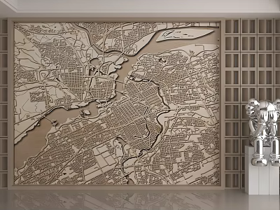 Wall With Large City Map Carving And Grid Like Shelf With Silver Sculpture Decor 3d model