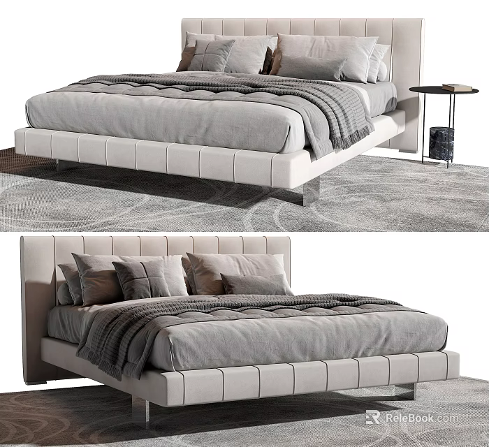 Modern Upholstered Double Bed With Elegant Headboard Soft Pillows Throw Blanket And Bedside Table 3d model