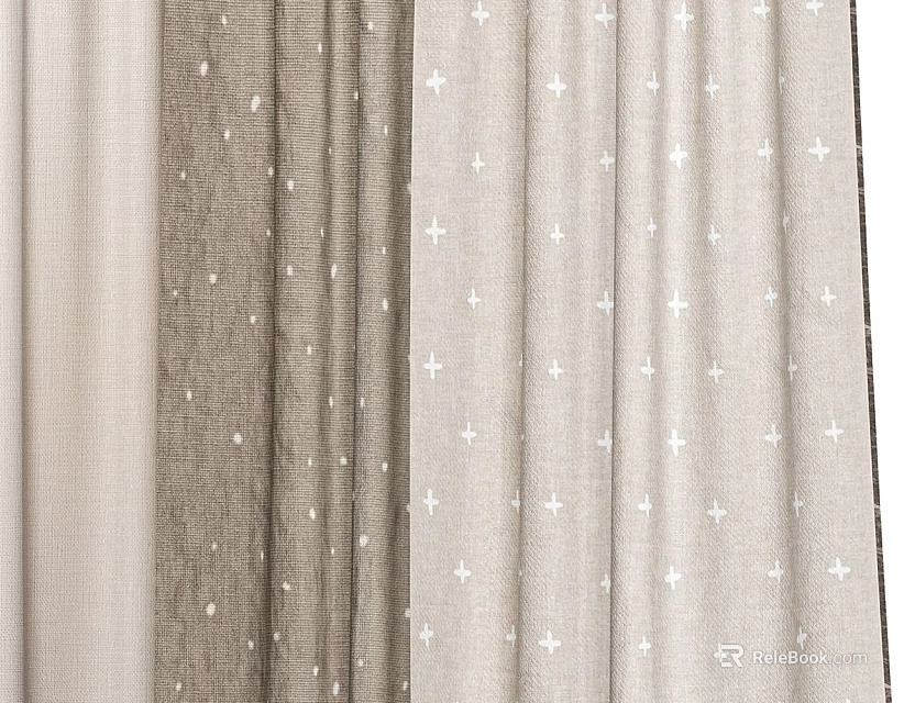 Beige and Brown Fabric Curtains With White Cross and Dot Patterns Design 3d model