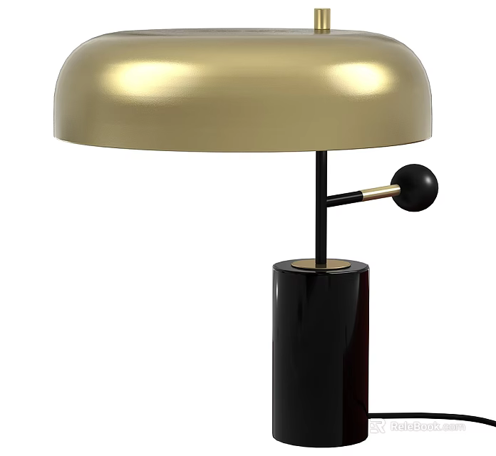 Modern Table Lamp with Golden Shade Black Cylindrical Base and Metal Arm 3d model 