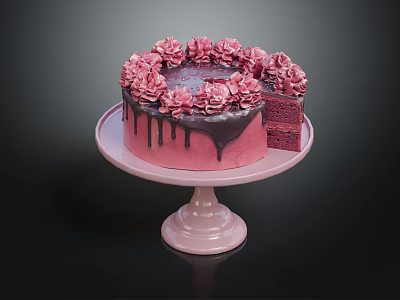 Layered Pink Cake With Flower Decorations And Chocolate Drizzle On Pink Stand 3d model