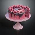 Layered Pink Cake With Flower Decorations And Chocolate Drizzle On Pink Stand
