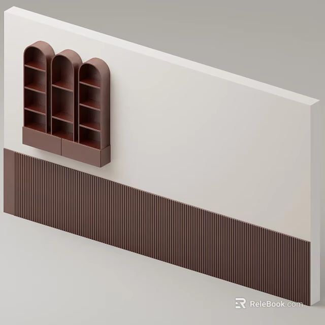 White Wall Featuring Three Brown Arched Bookshelves and Decorative Vertical Striped Panel 3d model