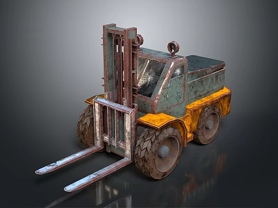 Vintage Rustic Forklift With Green Yellow Body Large Rusted Wheels And Metal Forks 3d model