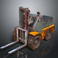 Vintage Rustic Forklift With Green Yellow Body Large Rusted Wheels And Metal Forks
