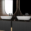 Modern Bathroom Vanity With Double Sinks Oval Mirrors And Marble Backdrop 3d model
