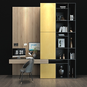 One-piece bookcase, desk and chair 3d model