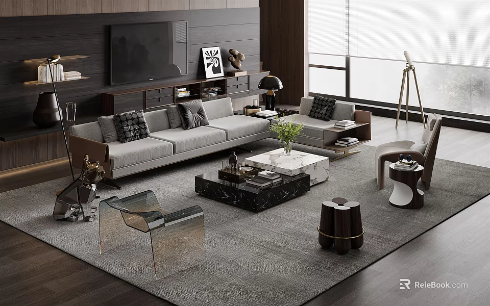 Modern Living Room Interior Featuring Gray Sofa And Marble Top Coffee Table Set 3d model 