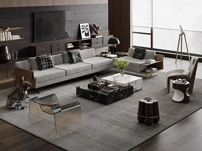 Modern Living Room Interior Featuring Gray Sofa And Marble Top Coffee Table Set 3d model