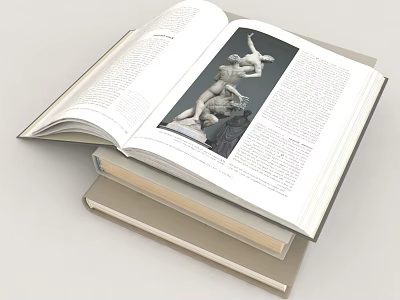 Open Art Book Featuring Sculpture Image And Text Content On Stacked Books 3d model