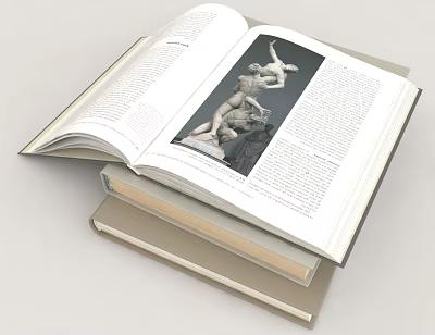 Open Art Book Featuring Sculpture Image And Text Content On Stacked Books 3d model