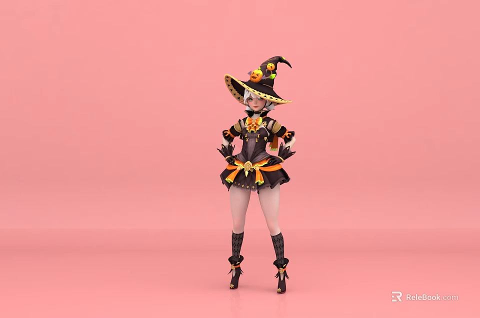 Woman dressed in Halloween witch costume with decorated hat and black dress against pink background 3d model 