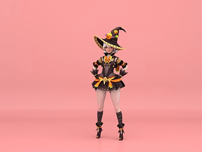 Woman dressed in Halloween witch costume with decorated hat and black dress against pink background 3d model