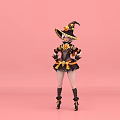 Woman dressed in Halloween witch costume with decorated hat and black dress against pink background