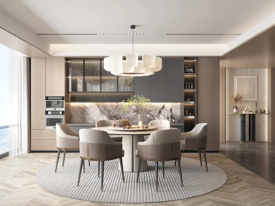 Modern Restaurant Interior With Round Table Chairs Pendant Light And Marble Accents 3d model
