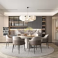 Modern Restaurant Interior With Round Table Chairs Pendant Light And Marble Accents
