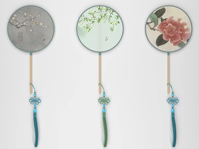 Traditional Round Fan Wall Decor With Floral Patterns And Blue Green Tassels 3d model