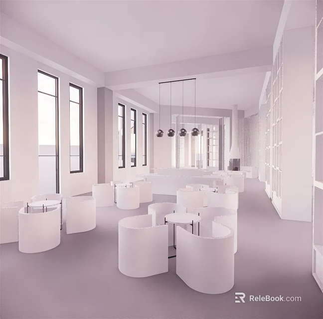 Modern Sales Office Interior With Spacious Layout White Round Seats And Large Windows 3d model