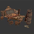 Vintage Storage Scene With Open Suitcase Wooden Table Small Stools Stacked Barrels And Crates