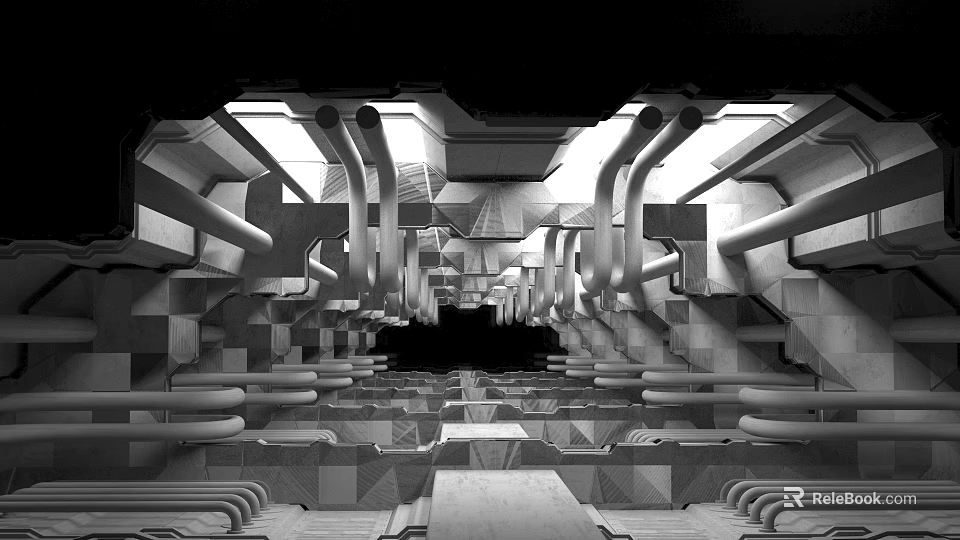 Modern Airplane Interior Design With Geometric Structures Pipes And Reflective Surfaces 3d model 