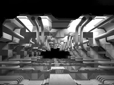 Modern Airplane Interior Design With Geometric Structures Pipes And Reflective Surfaces 3d model