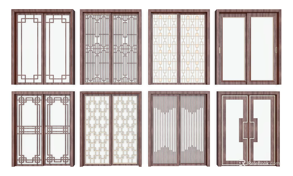 Traditional And Modern Sliding Doors With Various Decorative Patterns And Frames 3d model