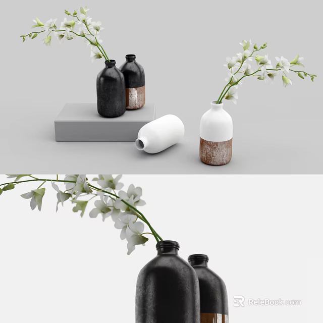 Black And White Ceramic Vases With White Flowers And Wooden Texture On Marble Base 3d model 