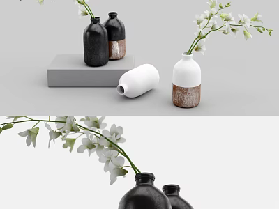 Black And White Ceramic Vases With White Flowers And Wooden Texture On Marble Base 3d model