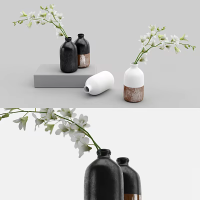 Black And White Ceramic Vases With White Flowers And Wooden Texture On Marble Base 3d model