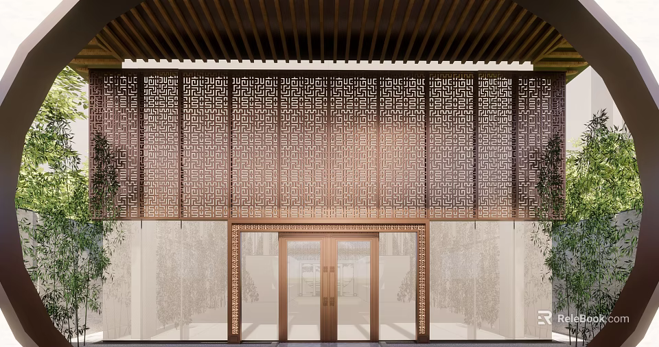 Modern Sales Office Building With Wooden Roof Perforated Wall And Glass Doors 3d model 