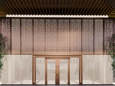 Modern Sales Office Building With Wooden Roof Perforated Wall And Glass Doors 3d model