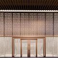 Modern Sales Office Building With Wooden Roof Perforated Wall And Glass Doors