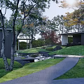 Serene Garden Landscape with Lush Green Grass Colorful Trees Small Pond and Stone Pathway