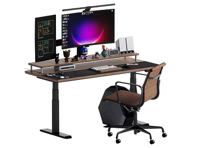 Modern Standing Office Desk With Dual Monitors Ergonomic Chair And Desk Lamp Setup 3d model