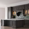 Dark Gray Kitchen Cabinets With Green Herringbone Backsplash Marble Countertop And Built In Appliances