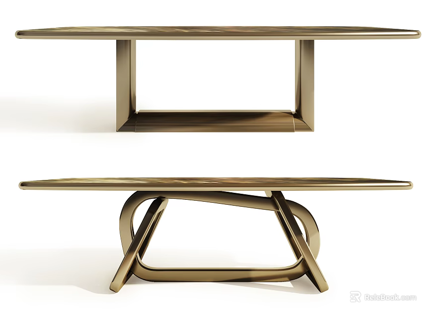Modern Golden Tables Featuring Rectangular Frame And Curved Crossed Base Designs 3d model
