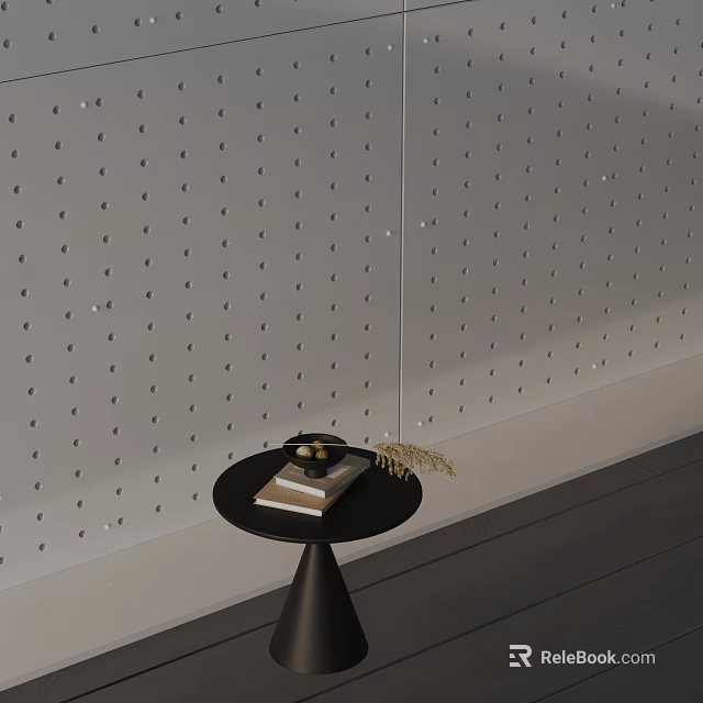 Black Side Table with Book Nuts and Hay against Gray Perforated Wall and Dark Floor 3d model 