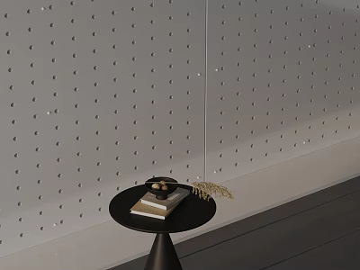 Black Side Table with Book Nuts and Hay against Gray Perforated Wall and Dark Floor 3d model