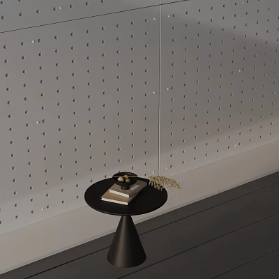 Black Side Table with Book Nuts and Hay against Gray Perforated Wall and Dark Floor 3d model
