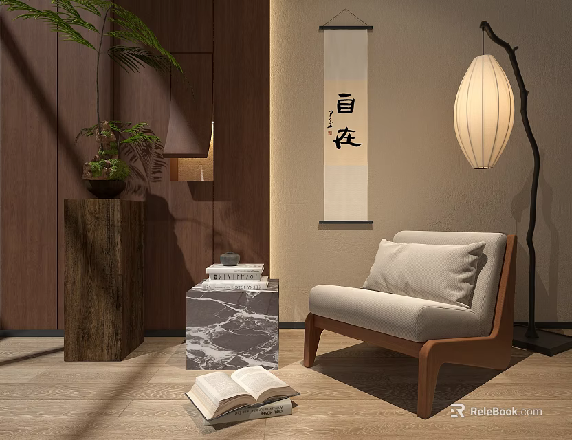Single Sofa in Zen Living Area with Wooden Wall Marble Side Table and Floor Lamp 3d model 