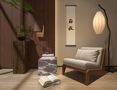 Single Sofa in Zen Living Area with Wooden Wall Marble Side Table and Floor Lamp 3d model
